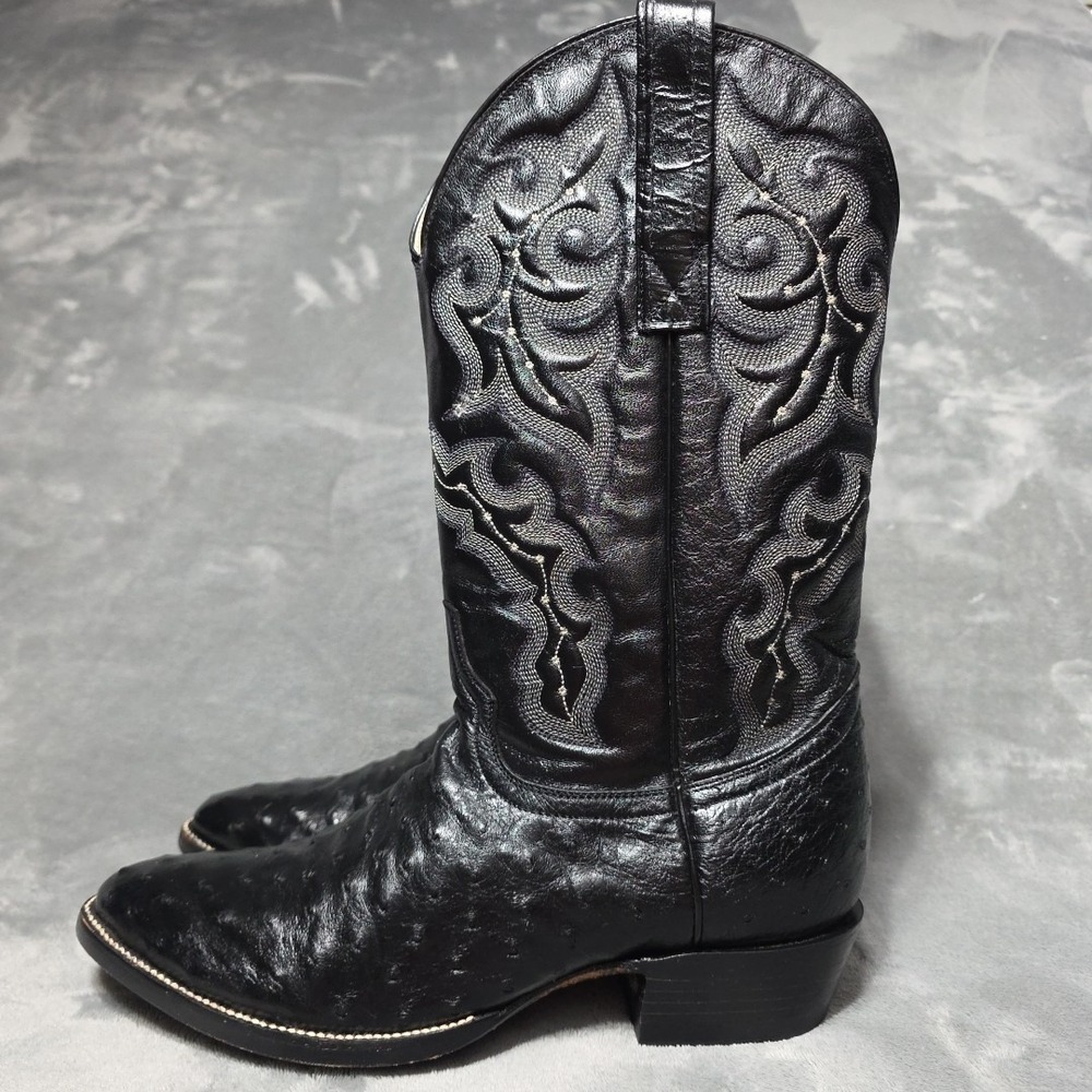 Vintage Circle G Black Ostrich Leather Men's Cowboy Boots Size 8.5 D EXC Country - Picture 3 of 10
